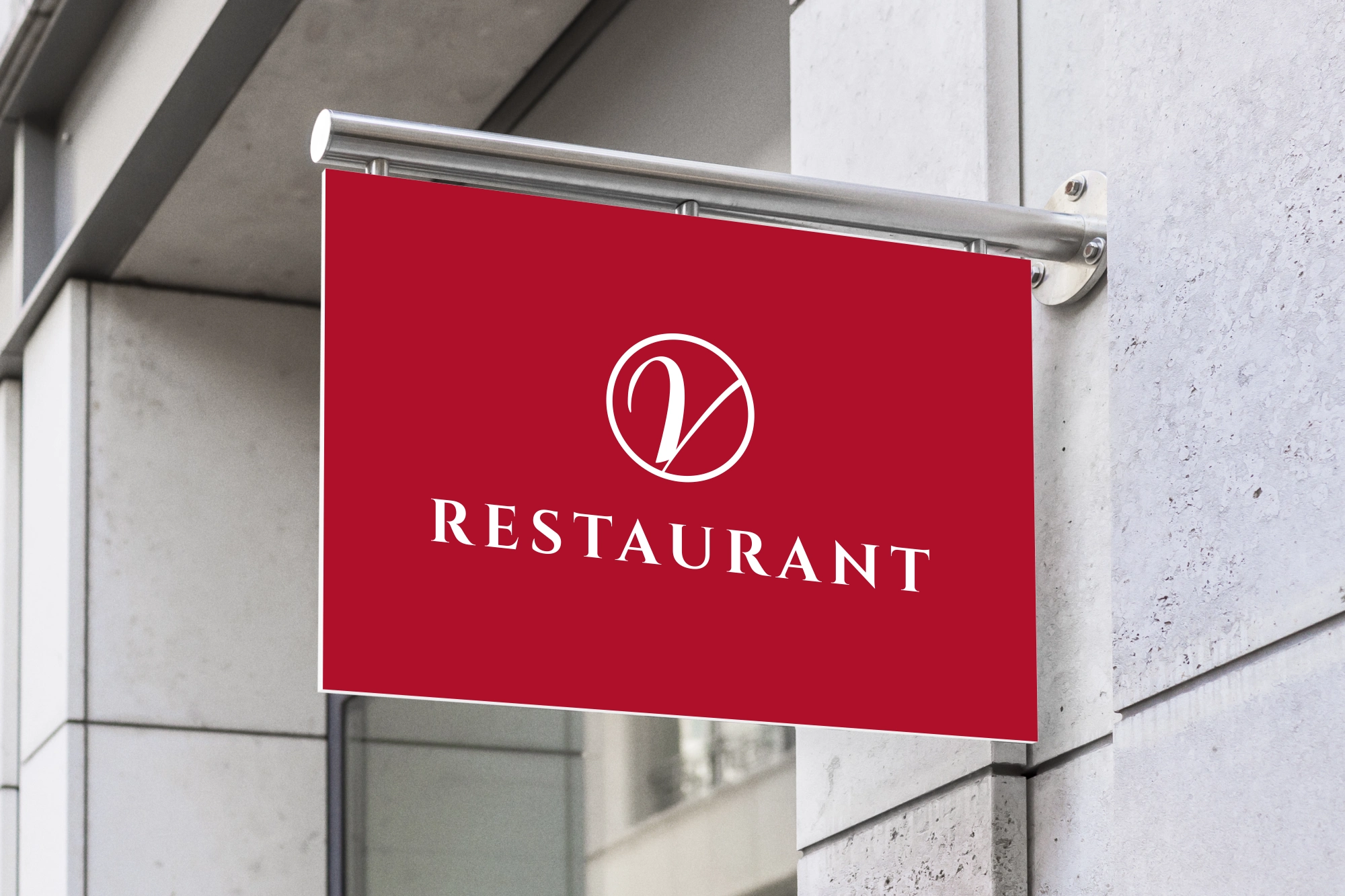 Logo für Restaurant auf dem Schild im Straßenbild. Farbkombination aus Weiß und Rot.